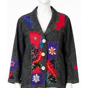 Alex Kim Art to Wear Jacket Size M Floral Cotton Linen Patchwork Embroidered